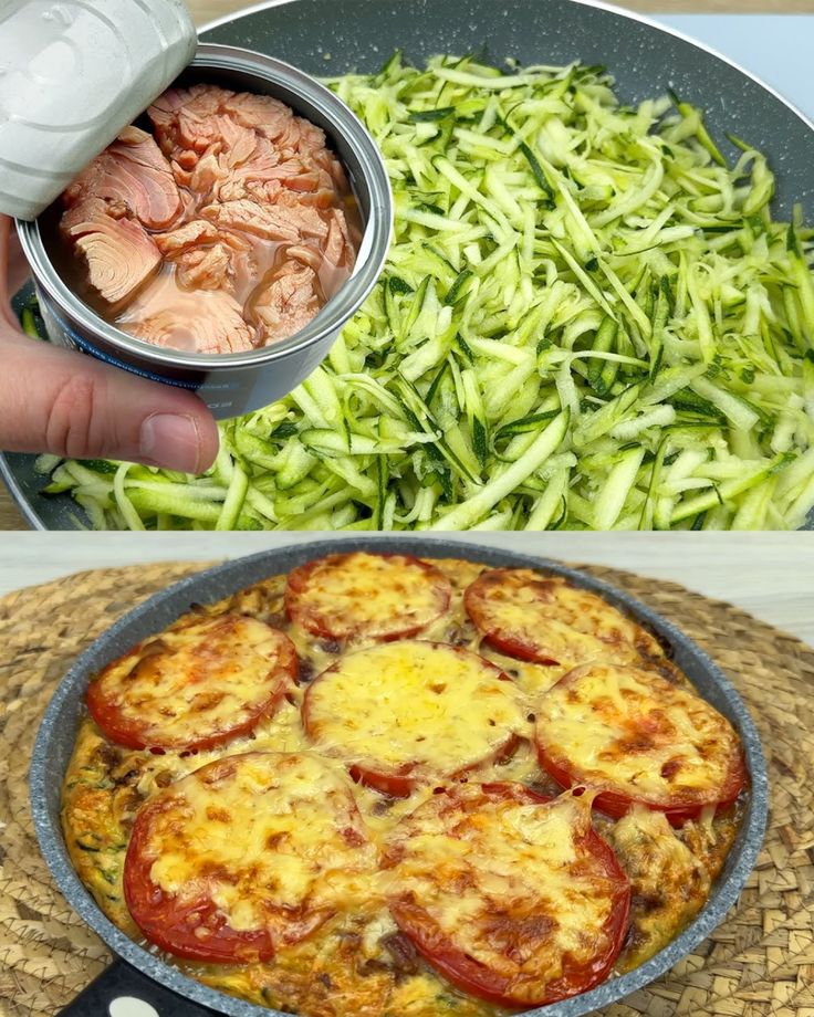 there are two pictures with different food items in the same pan and one has vegetables on it