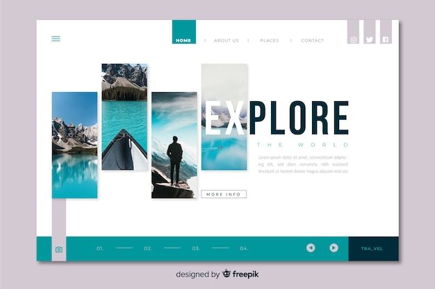 the website design for explore is shown in blue and green tones, with an image of a man standing on a surfboard