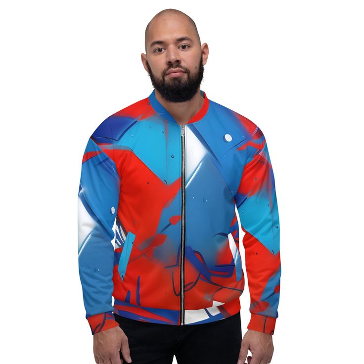 Add a little zing to your wardrobe with this vibrant All-Over Print Bomber Jacket. Wear it on a basic t-shirt, or layer it on top of a warm hoodie--it'll look great either way. With a brushed fleece inside, and a relaxed unisex fit, this Bomber Jacket is just the stuff of the dreams, so be quick to grab yourself one! * 100% polyester * Fabric weight: 6.49 oz/yd² (220 g/m weight may vary by 5% * Brushed fleece fabric inside * Unisex fit * Overlock seams * Sturdy neck tape * Silver YKK zipper * 2 Sporty Fitted Outerwear With Graphic Print, Spring Urban Track Jacket With Graphic Print, Casual Crew Neck Sports Outerwear, Casual Long Sleeve Track Jacket With Graphic Print, Red Relaxed Fit Outerwear For Streetwear, Casual Long Sleeve Graphic Track Jacket, Fitted Casual Cotton Track Jacket, Casual Crew Neck Track Jacket For Winter, Trendy Fitted Track Jacket For Streetwear