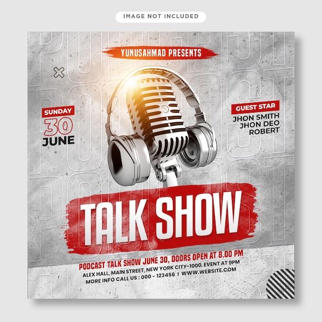 the talk show flyer is shown with headphones on it and an image of a microphone