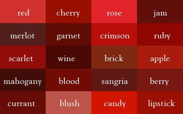 the names of different types of words in red and brown colors, with white letters on them