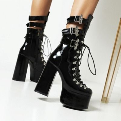 Rhinestone Shiny Women's Ankle Boots · KoKo Fashion · Online Store Powered by Storenvy Black High Heel Boots Ankle, Boots Ankle Outfit, Gothic Party, Women's Lace Up Boots, High Heel Stiefel, Gothic Shoes, Black High Heel Boots, Short Leather Boots, Buckles Fashion