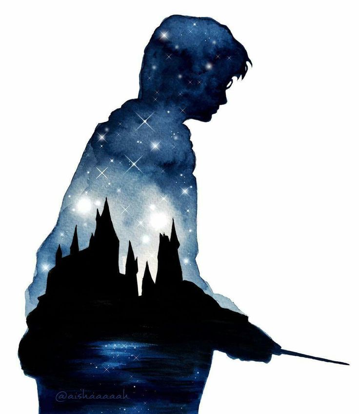 the silhouette of harry potter in watercolor and ink art print by artist mark taylor