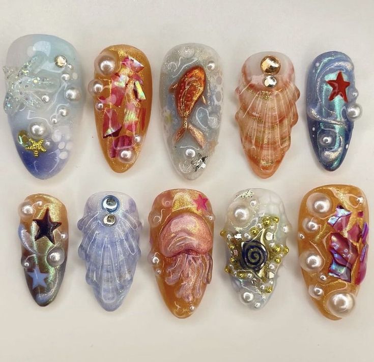 Fish Nails, Summery Nails, Pretty Gel Nails, Really Cute Nails, Kawaii Nails, Beach Nails, Dream Nails, Funky Nails, Pretty Acrylic Nails