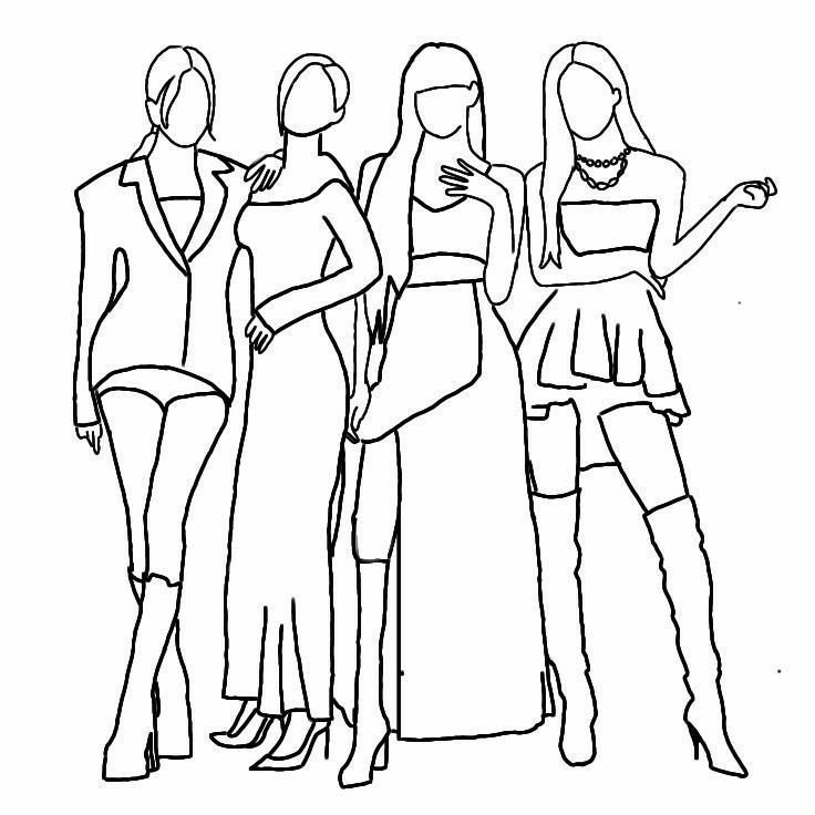 a line drawing of four women in dresses and high heeled shoes, all looking at each other