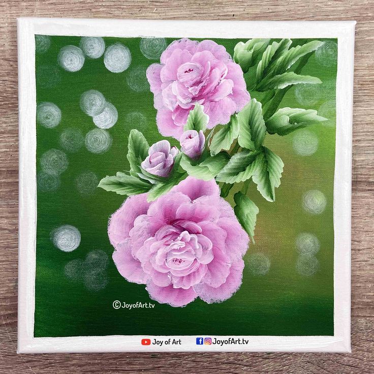 a painting of three pink roses on green with water droplets in the background and wood grain flooring