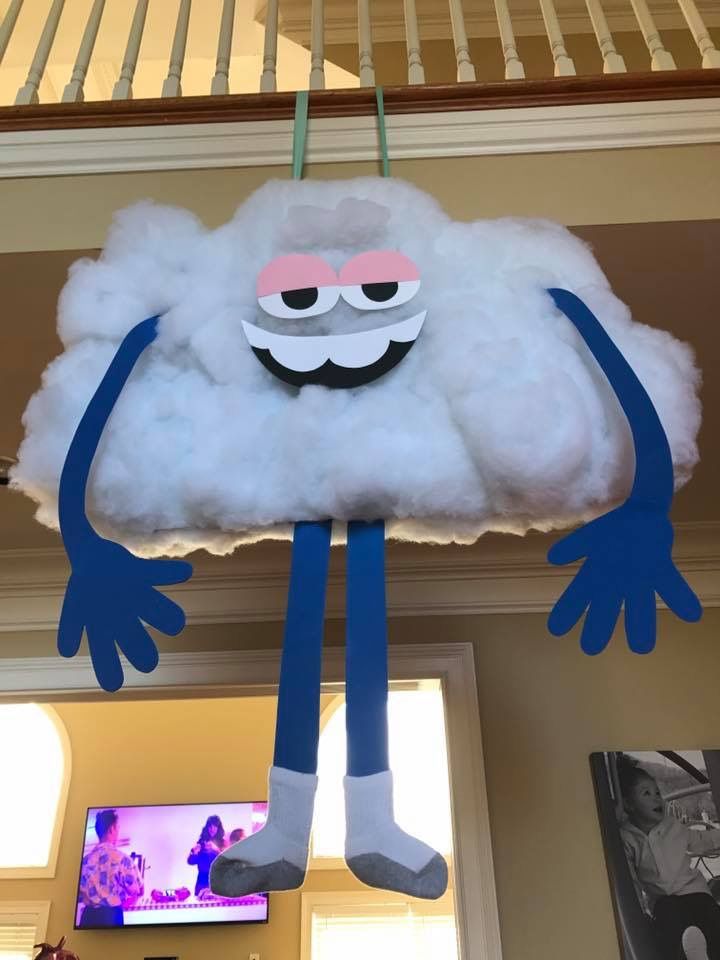 a cloud with eyes and legs hanging from the ceiling