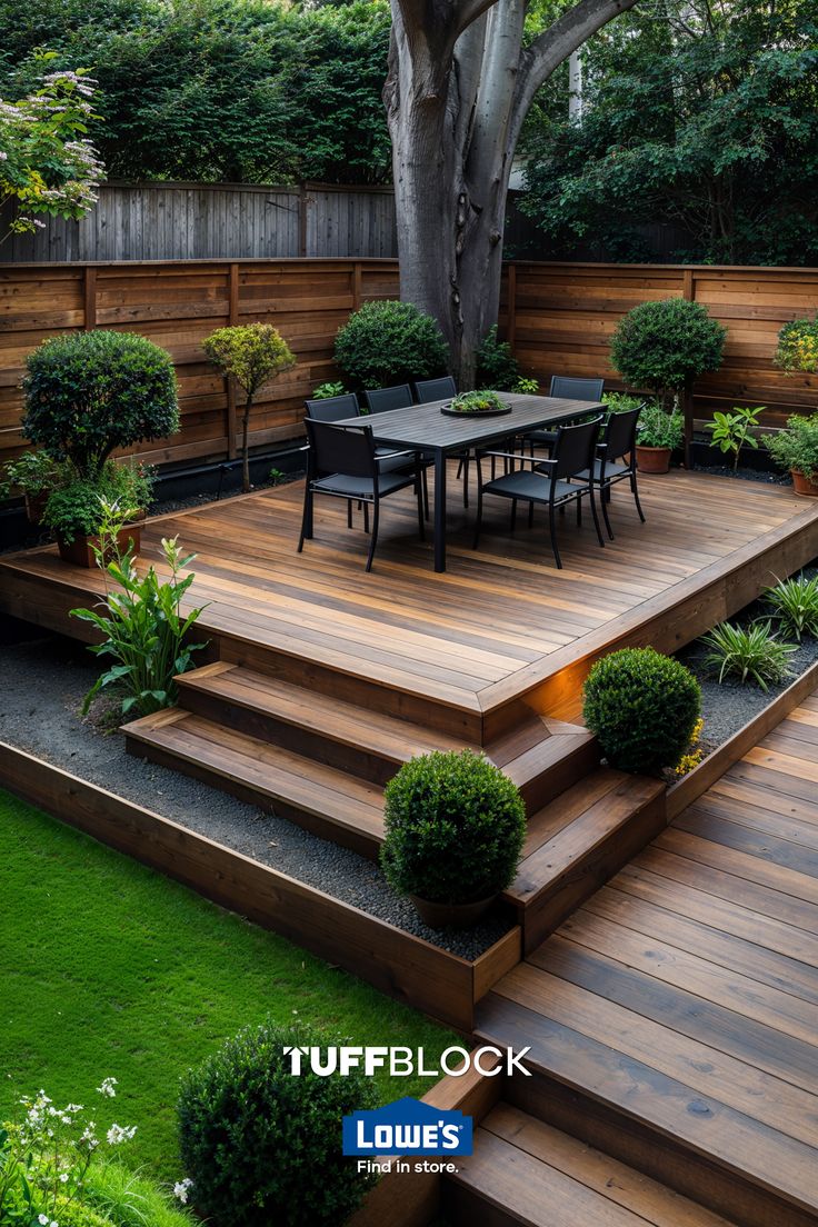 beautiful yard design with deck that has multiple levels, a lush lawn and outdoor dining Modern Floating Deck Ideas, Outdoor Deck And Patio Ideas, Lower Deck Patio Ideas, Small Floating Deck, Elevated Deck Ideas, Deck Off Back Of House, Multi Level Deck Ideas, Small Backyard Deck, Low Profile Deck