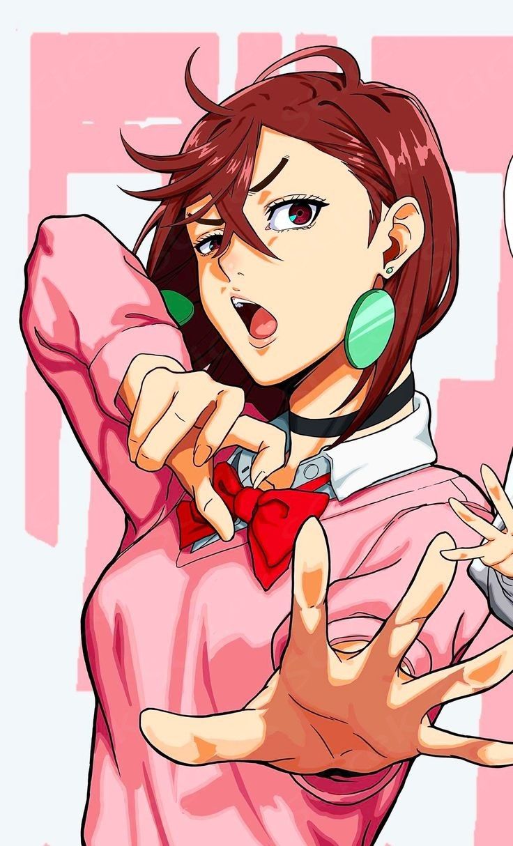 an anime character holding a cell phone in one hand and pointing to the other with her finger