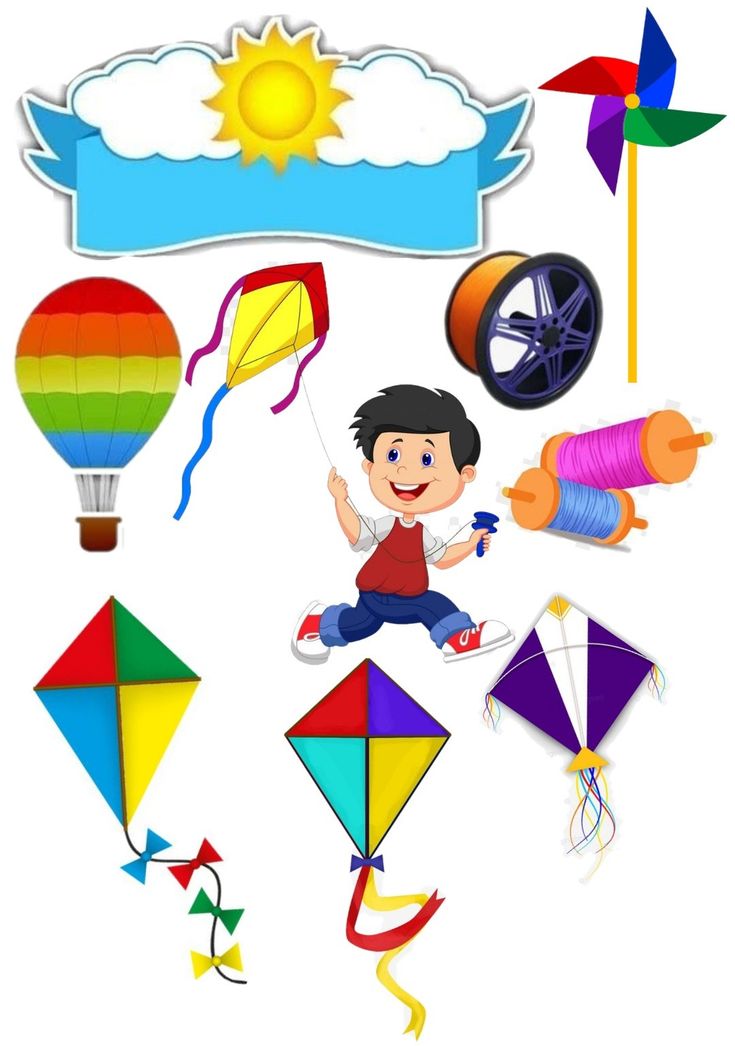 the boy is playing with his kites and other things to fly around him on this white background