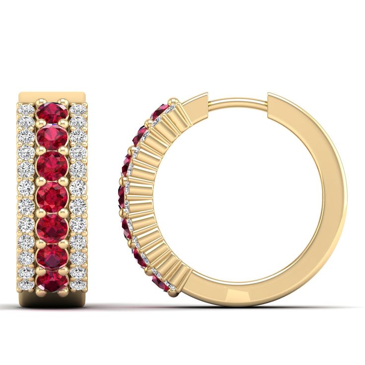 Introducing our exquisite ruby and diamond hoop earrings, a perfect blend of elegance and sophistication. Crafted with precision, these earrings feature lustrous rubies and dazzling diamonds set in a timeless hoop design. The vibrant red hue of the rubies adds a touch of allure, while the sparkling diamonds enhance their brilliance. Metal: 14K Gold Setting Type: Prong Rhodium Finish: Yes, on White Gold Gemstone Details: Gemstone: Ruby Shape: Round Average Dimensions: 2.50 MM Quantity: 14 Average Luxury Diamond Earrings With Prong Setting, Red Diamond Earrings For Anniversary, Elegant Red Round Hoop Earrings, Red Round Hoop Earrings Fine Jewelry, Elegant Red Hoop Jewelry, Red Diamond Earrings With Prong Setting, Red Diamond Earrings With Brilliant Cut, Classic Red Diamond Earrings With Accents, Red Cubic Zirconia Classic Diamond Earrings