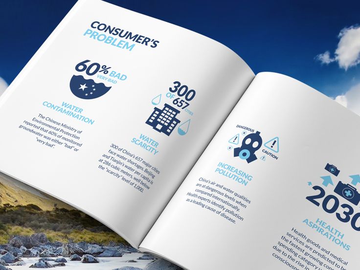 an open brochure with images of water and mountains in the background