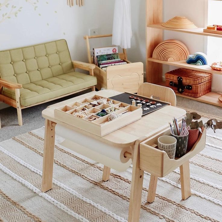 a living room filled with furniture and a wooden table topped with a board game on top of it