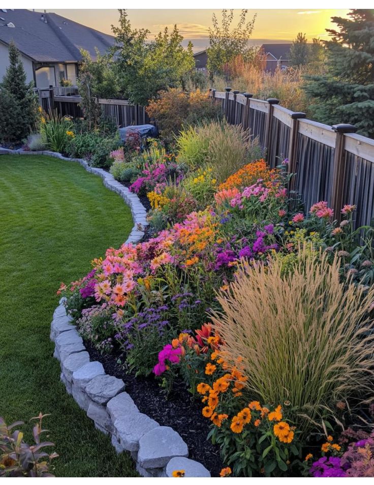 a garden with lots of flowers next to a fenced in area and grass on the ground