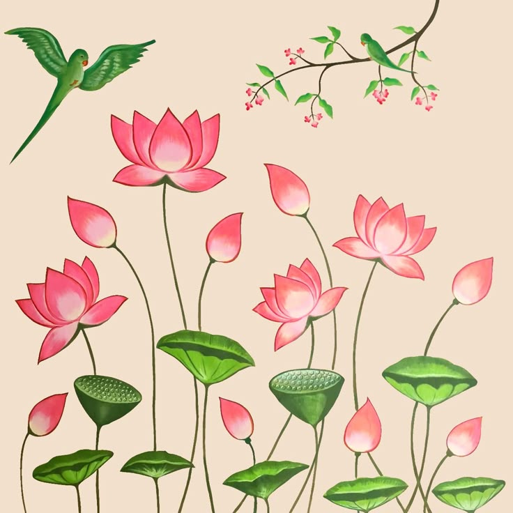 a painting of pink flowers and green leaves with a bird flying over them in the background