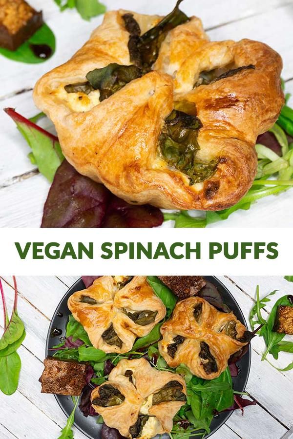 vegan spinach puffs on a plate with greens