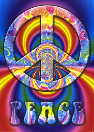 a peace sign with the word peace painted on it in rainbows and blue colors