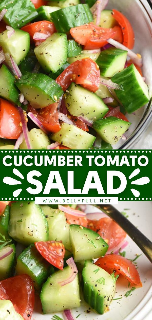 cucumber tomato salad with red onions and green peppers in a white serving bowl