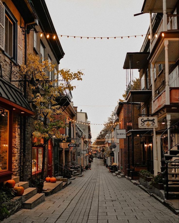 an empty street lined with brick buildings and lights strung from the ceiling above it are pumpkins