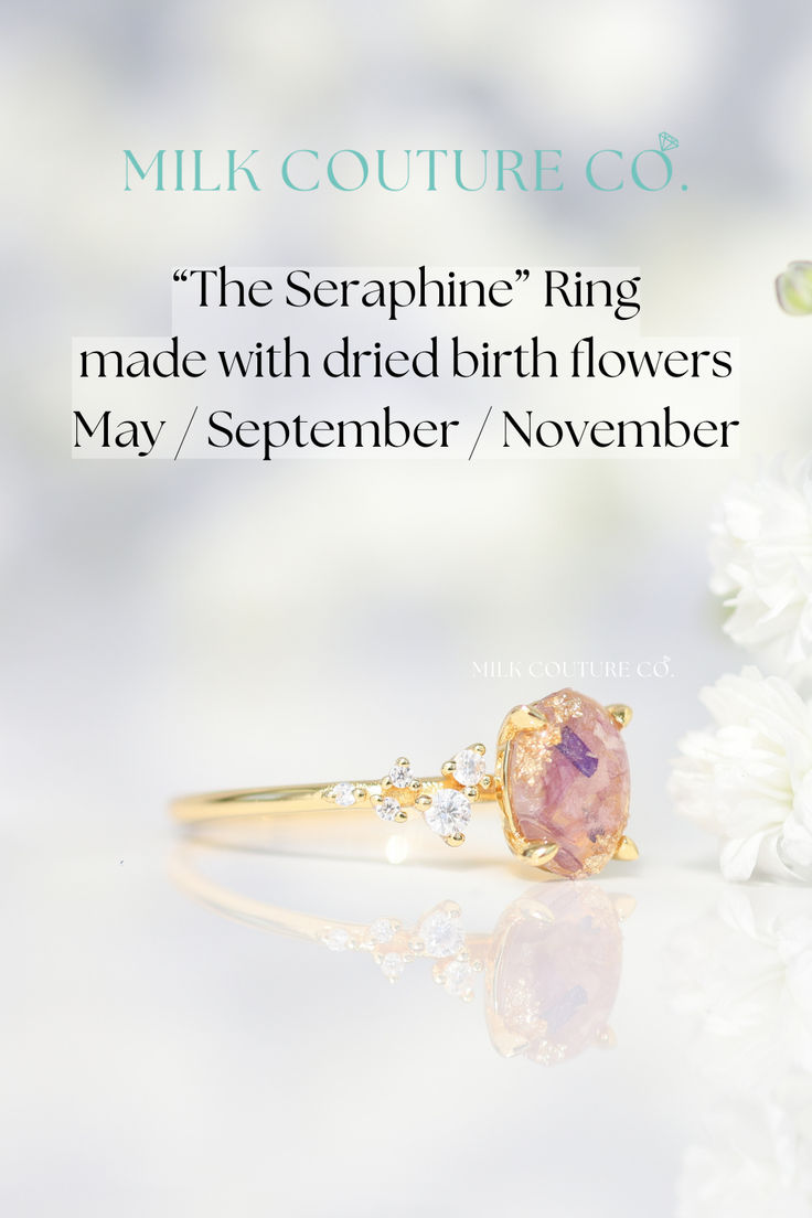 Keepsake ring made with dried birth flowers (May, September & November) and gold flakes. Custom keepsake jewelry by Milk Couture Co. can be made with anything special and meaningful to you <3 #keepsake #keepsakejewelry #flowerpreservation #mothersring #breastmilkjewelry Celestial Sapphire Birthstone Ring As Gift, Spiritual Sapphire Wedding Ring With Birthstone, Spiritual Sapphire Wedding Ring As Birthstone, Ethereal Yellow Gold Rings For Gift, Ethereal Yellow Gold Rings For Gifts, Ethereal Style Yellow Gold Rings For Gifts, Ethereal Birthstone Rings For Gifts, Birthstone Rings For Gifts, Celestial Style Birthstone Ring For Anniversary