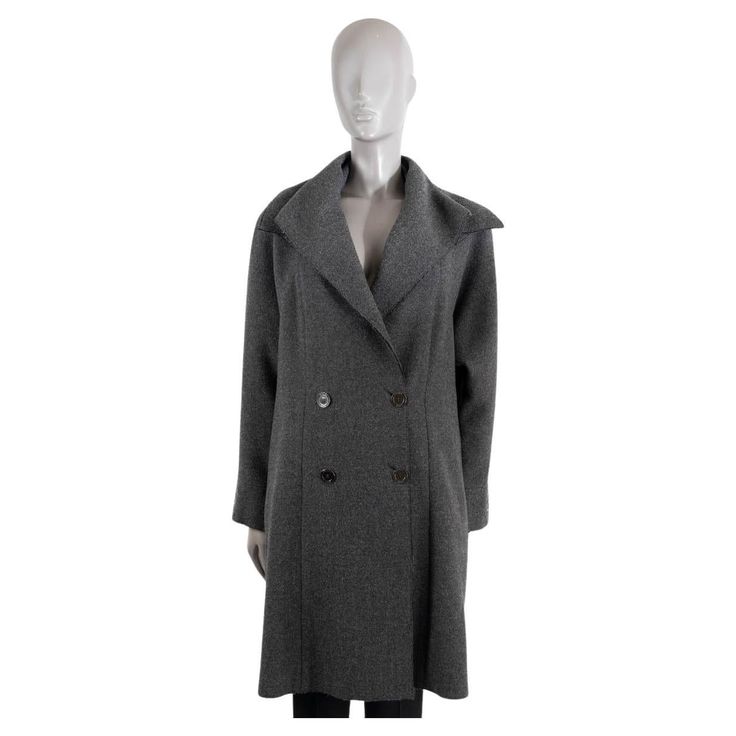 100% authentic Chanel double breasted coat in anthracite grey wool (100%). The design features a wide collar, slit pockets on the side, open hem details and a slightly flared silhouette. Lined in anthracite silk (100%). Has been worn and is in excellent condition. Metal buttons show soft wear. Measurements Model 11A P42216 V30598 AV745 Tag Size 46 Size XL Shoulder Width 46cm (17.9in) Bust From 108cm (42.1in) Waist From 118cm (46in) Hips From 128cm (49.9in) Length 94cm (36.7in) Side Seam Length 6 Double Breasted Coat, Outerwear Coats, Metal Buttons, Double Breasted, Metallica, Coats Jackets, Chanel, Sleeve Length, Fashion Outfits