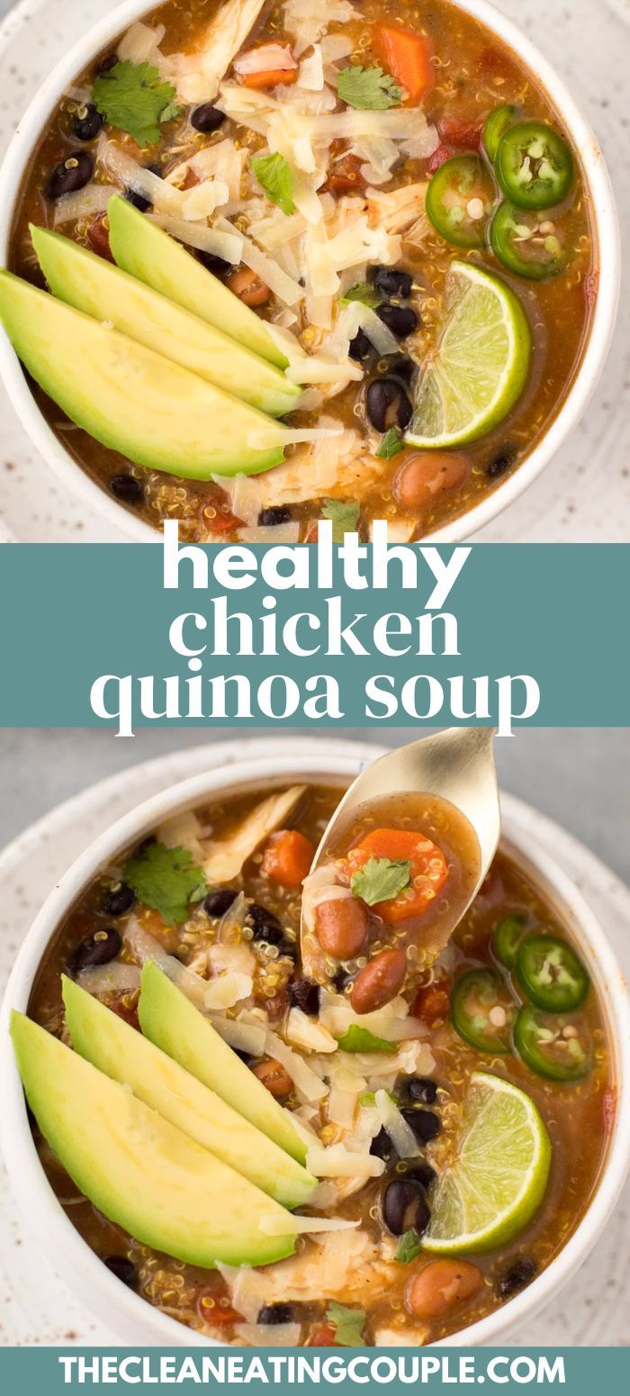 two bowls of healthy chicken quinoa soup with avocado and black beans