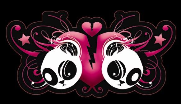 two black and white pandas with pink hearts on their faces, surrounded by stars