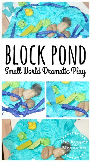 a child's play mat made out of foam and plastic toys with text overlay reading block pond small world dramatic play