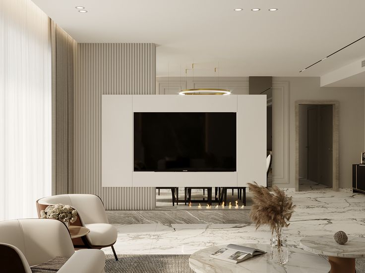 an elegant living room with marble floors and white walls, large television on the wall