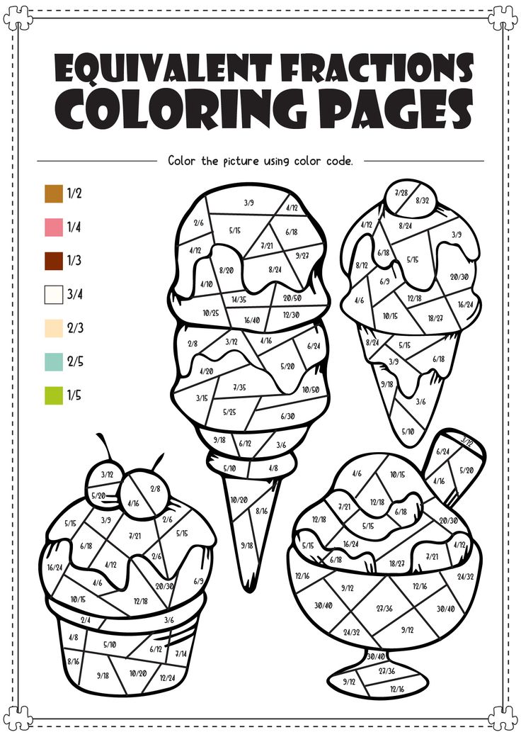 an ice cream color by number worksheet with the words, equivalient fractions coloring pages