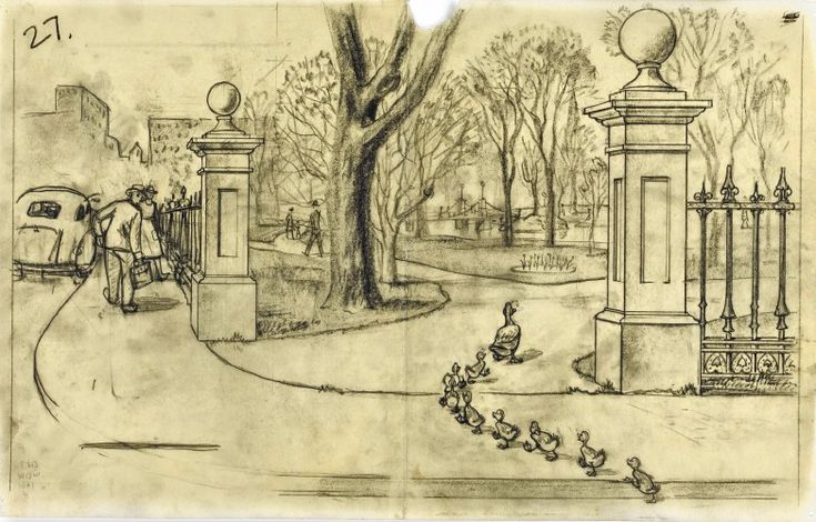 a drawing of a park with ducks and people