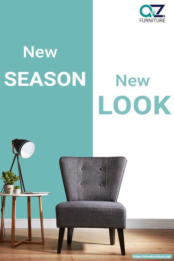 a chair and table in front of a blue wall with the words new season, new look