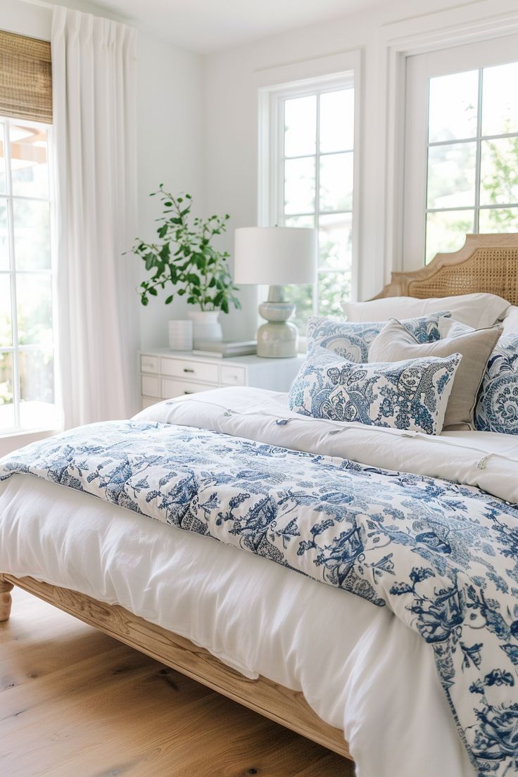 a bed with blue and white comforter in a bedroom next to two large windows