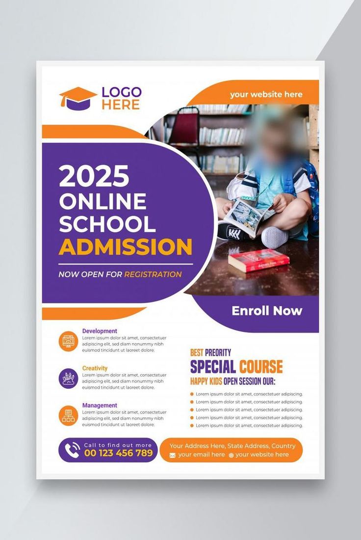 a purple and orange flyer for a school