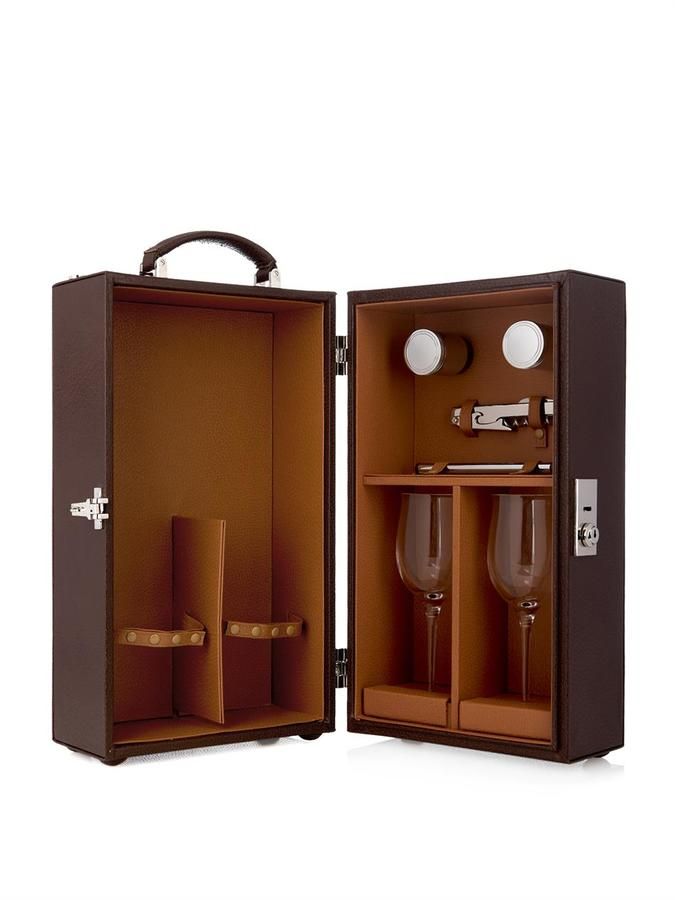 an open wine box with two glasses in it