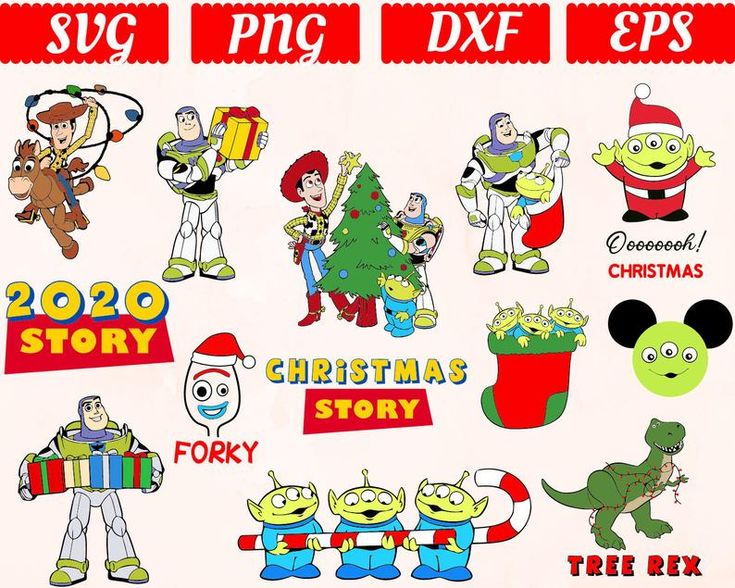 various christmas stickers are shown on a white background with red lettering and cartoon characters