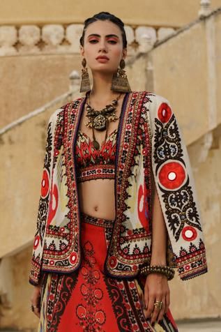 Shop for Rajdeep Ranawat Red Dupion Madina Jacket for Women Online at Aza Fashions Kimono Design Ideas, Colorful Couture, Exotic Dramatic, Lingerie Illustration, Meena Bazaar, Rajdeep Ranawat, Red Henna, Drape Pants, Dramatic Style