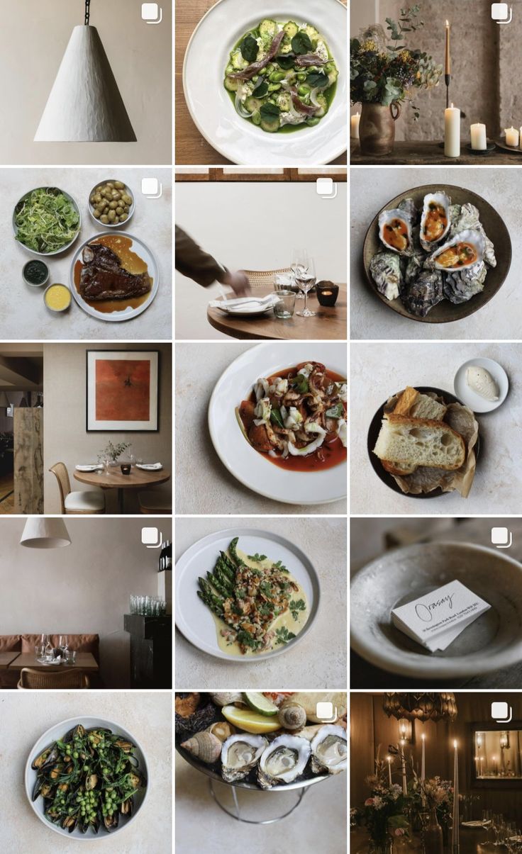 a series of photographs showing different plates of food and dishes on the table with candles in them