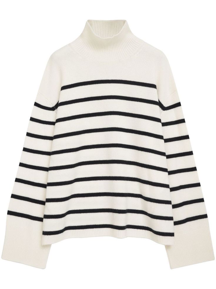 black/white wool blend oversize arms horizontal stripe pattern funnel neck long sleeves 80 Fashion, Perfect Closet, Oversized Turtleneck, Cashmere Sweater Women, Cooler Look, Anine Bing, Horizontal Stripes, Funnel Neck, Lady Dior