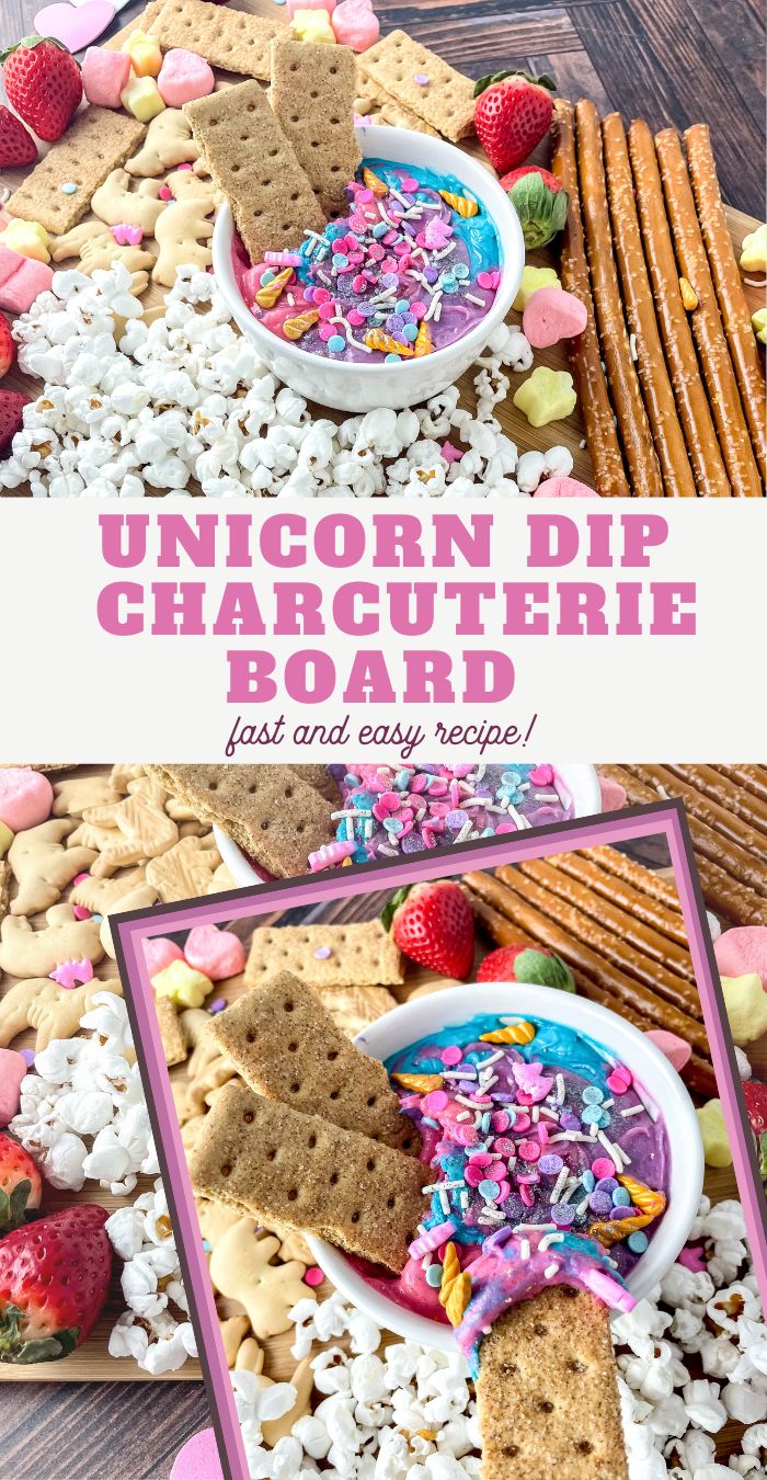 the unicorn dip is in a bowl with sprinkles and strawberries next to it