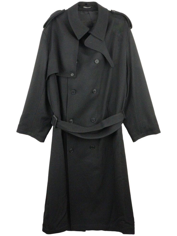 smoky black wool notched lapels double-breasted button fastening belted waist rear cape insert long sleeves two side inset pockets straight hem mid-calf length Men Trench Coat, Yoji Yamamoto, Men's Trench Coat, Japanese Dress, Trench Coat Black, Draped Fabric, Yohji Yamamoto, Japan Fashion, Mens Outerwear