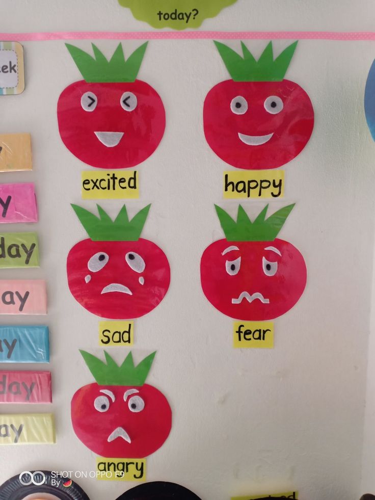 a bulletin board with different types of fruit and vegetables on it, including strawberries