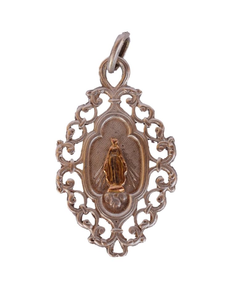 "Splendid French antique miraculous medal, made of sterling silver, hallmarked on the ring. Virgin Mary is made of 18K gold.  Please take a close look at the photos, they are an integral part of the description. It is in good antique condition. It would be a fantastic and unique Communion gift. Height: 1 3/16\" (3cm) Width: 11/16\" (1.8cm) Weight: 2.1g" Miraculous Medal Pendant For Wedding, Wedding Miraculous Medal Pendant, Silver Miraculous Medal For Wedding, Silver Miraculous Medal Jewelry For Wedding, Antique Miraculous Medal Pendant Jewelry, Vintage Sterling Silver Miraculous Medal, Vintage Sterling Silver Miraculous Medal Jewelry, Antique Jewelry With Miraculous Medal For Collectors, Vintage Miraculous Medal Jewelry