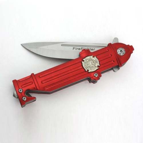 a red pocket knife with a firefighter emblem on it's blade and two blades