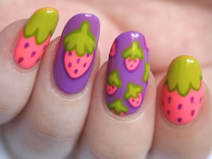 Strawberry Nails, Pink Nail, Nail Polishes, Purple Green, Strawberries, Manicure, Nails, Purple, Green