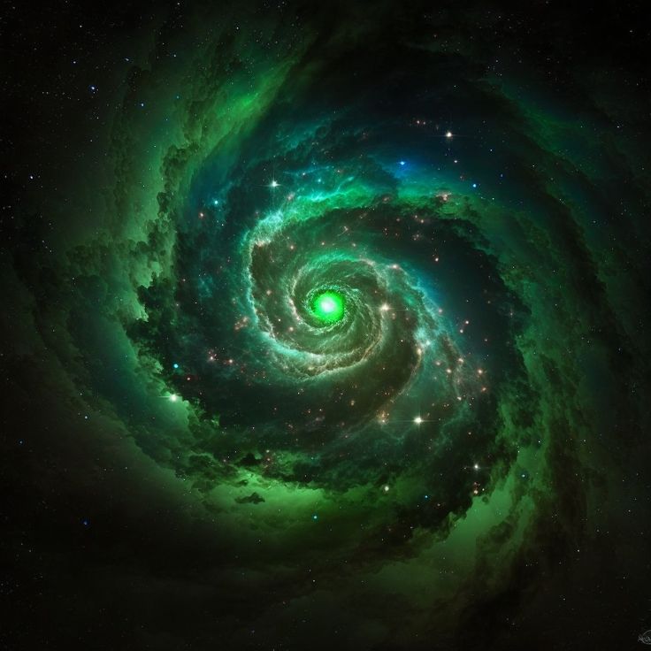 an image of a spiral galaxy in the night sky with stars and green light on it