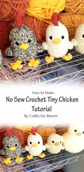 crochet tiny chickens sitting on top of a wire rack