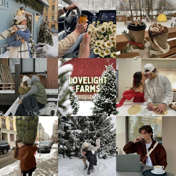 a collage of photos with people in the snow, trees, and food items