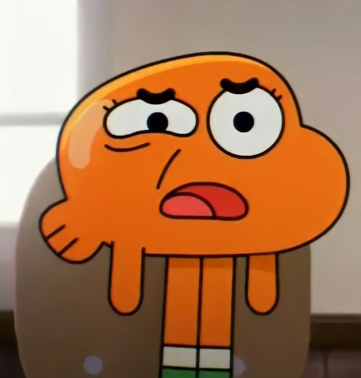 an orange cartoon character with eyes and hands on his chest, making a face while standing in front of a window