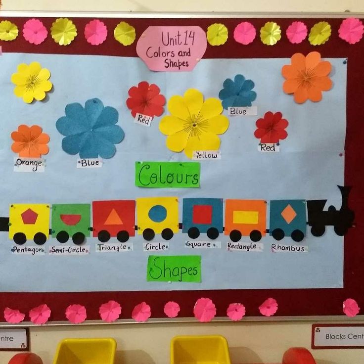 a bulletin board with flowers on it and the names of different shapes, sizes and colors